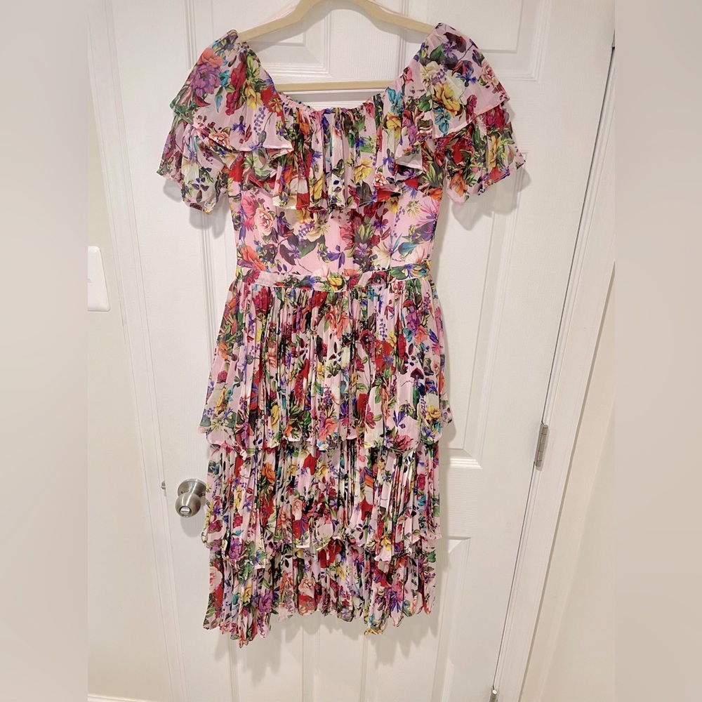 Aqua Floral Pleated Off the Shoulder Dress